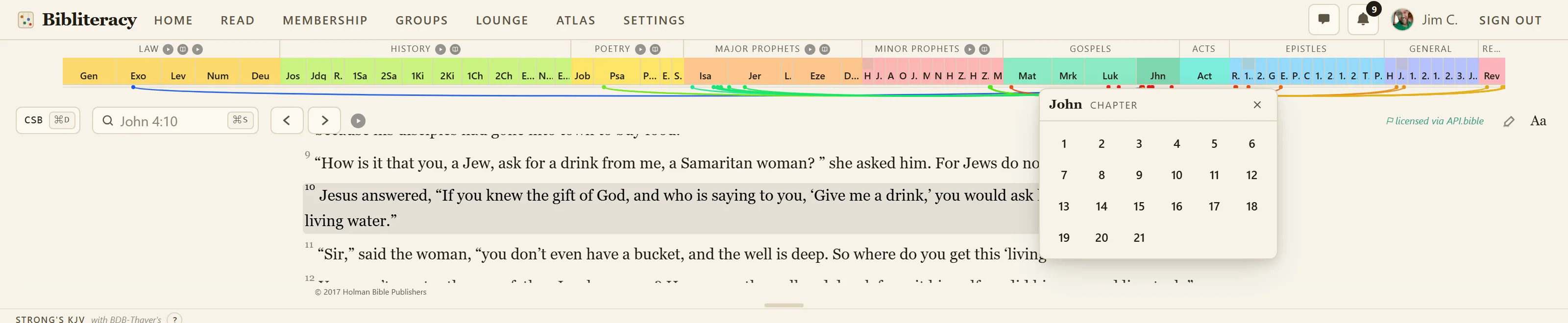 The top of the app: the navigation bar, the book strip across the whole Bible, and the scripture navigator open on John, offering a chapter to pick.