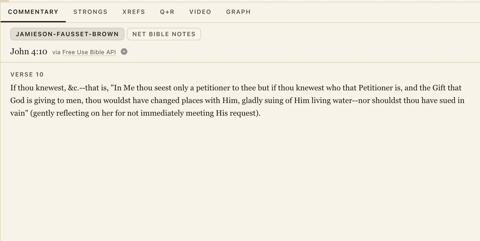 The commentary panel showing notes for the passage in the reader.
