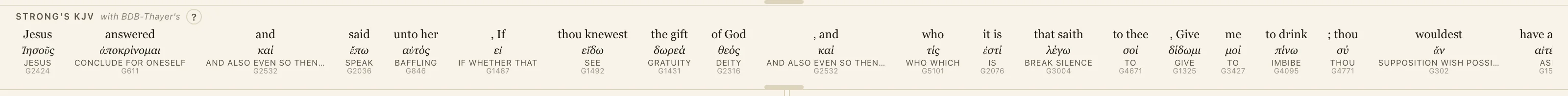 The Strong's interlinear row: each English word above its Greek lemma, gloss, and Strong's number.