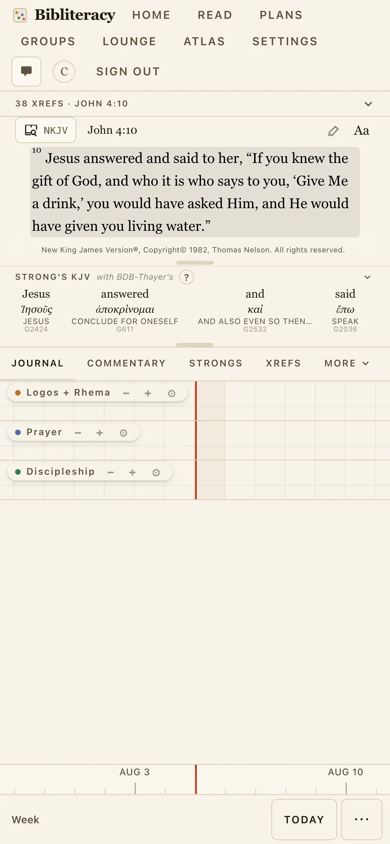 Bibliteracy running on a phone, with the canon strip, reader, and tab bar stacked in a single column.